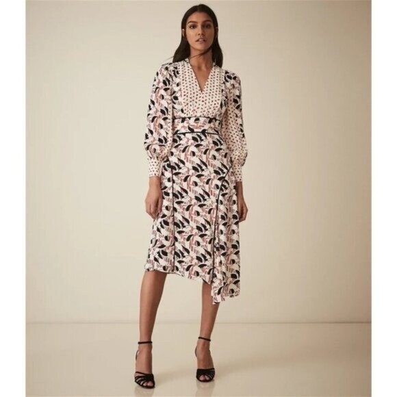 Reiss Emmi Floral Print Side Slit Asymmetric Midi Dress Red Multi Size 6 - Picture 2 of 11